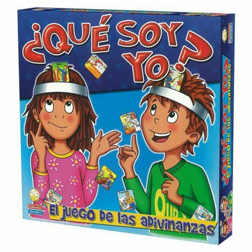 Spanish guessing game ¿Qué Soy Yo? box with illustrated children wearing headbands and cards, title in red font.