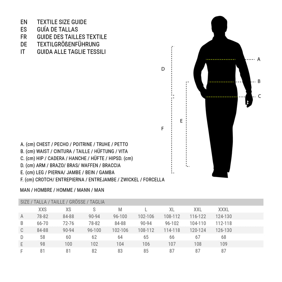 Textile size guide for men with measurements chart in various languages.