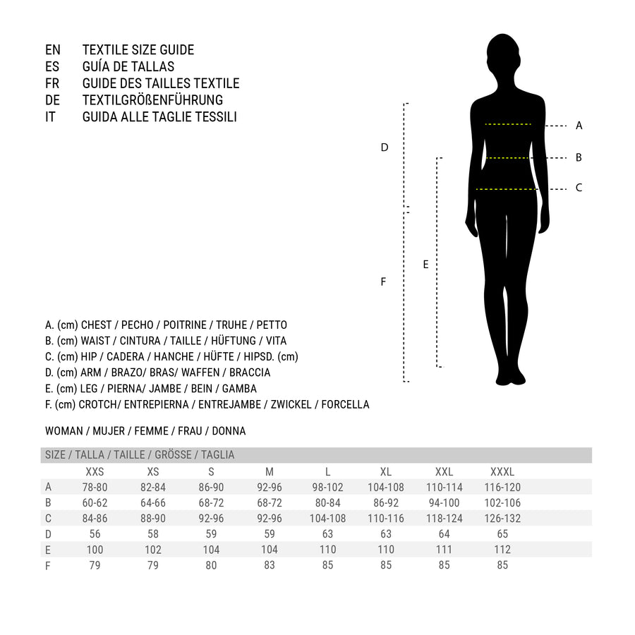 Textile size guide for women in multiple languages with size measurements in centimeters for chest, waist, hip, arm, leg, and crotch.