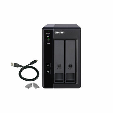 Qnap TR-002 NAS network storage device with USB connection, EU plug, and accessories including cable and keys for IT and electronics enthusiasts