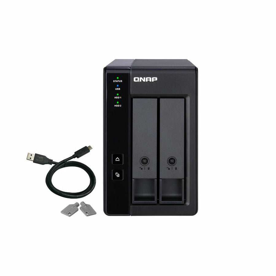 Qnap TR-002 NAS network storage device with USB connection, EU plug, and accessories including cable and keys for IT and electronics enthusiasts