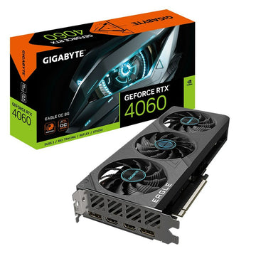 Gigabyte GV-N4060EAGLE OC-8GD GDDR6 graphics card with packaging, featuring black color, triple cooling fans, HDMI, and DisplayPort connections.