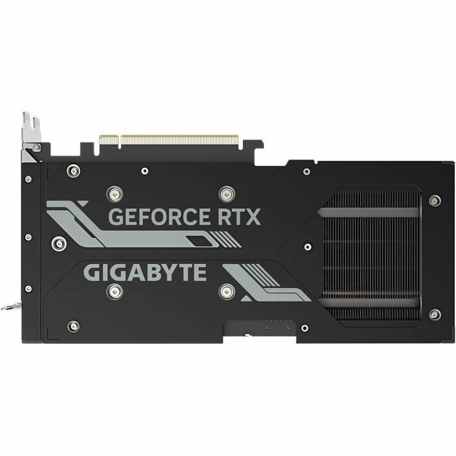 Back view of Gigabyte GV-N407TSWF3OC-16GD G10 GDDR6X GeForce RTX 4070 TI Super 16GB graphics card showcasing cooling design and branding.