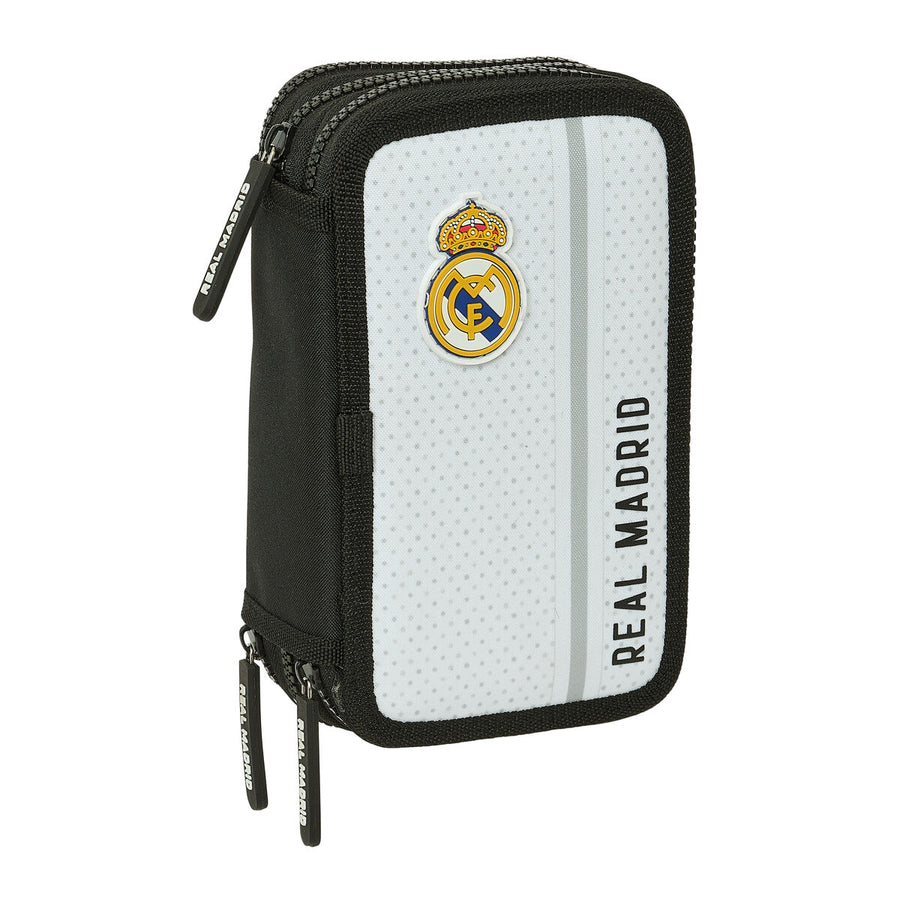 Schoolpennenzak Safta met Real Madrid ontwerp, zwart en wit, afmetingen 12,5 x 19,5 x 5,5 cm, sportief ontwerp, inclusief schrijfbenodigdheden